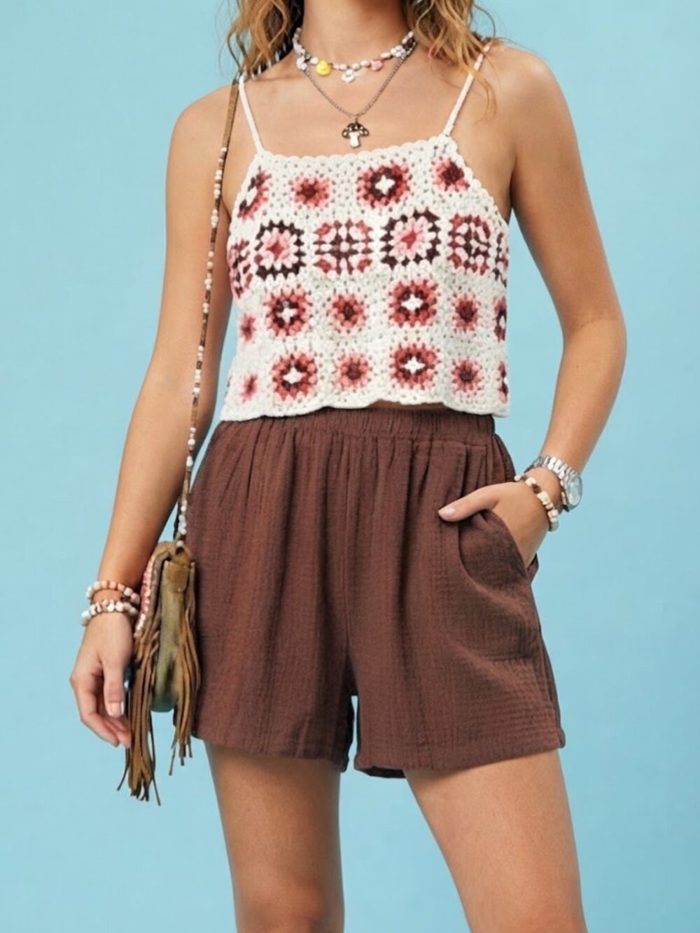 Lucky Brand Crochet Granny Square Boho Romper with Pockets